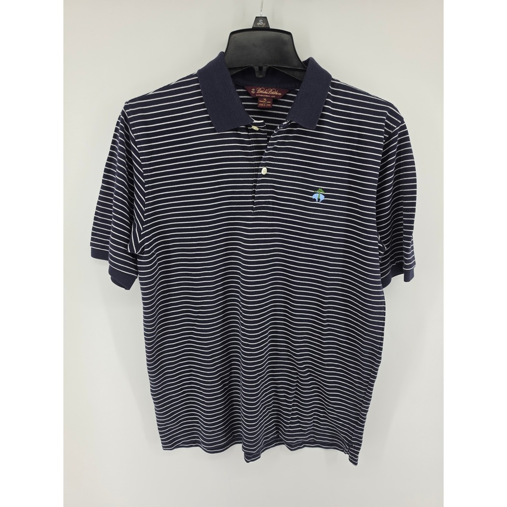 Brooks Brothers Mens XL Performance Knit Polo Shirt Navy Blue Striped Cotton
